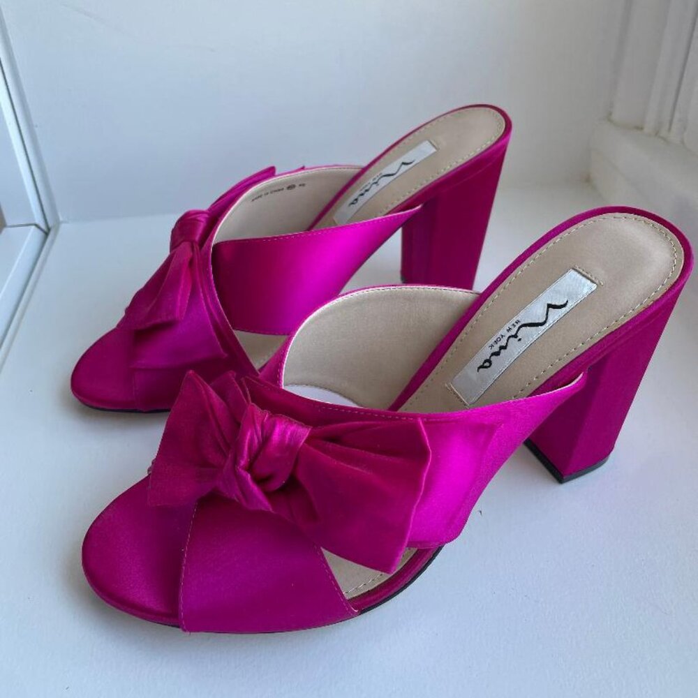 Nina Fuchsia Pink Satin Bow Heels Size 8 | Open Toe Mule